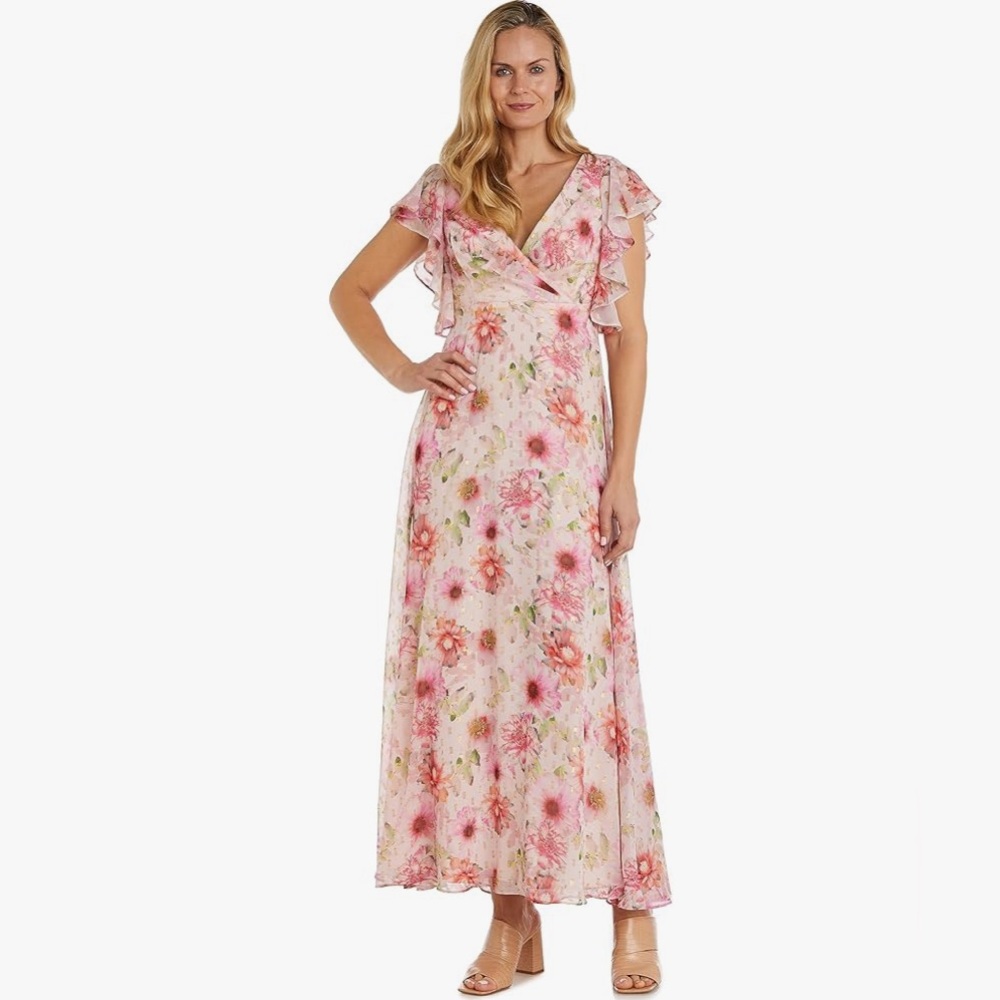 Peach/Pink Floral Chiffon Dress, Size 6